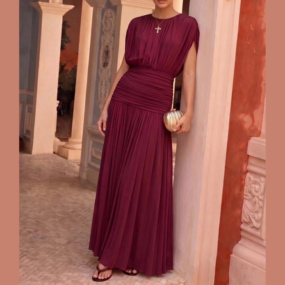 Burgundy Ruched Round Neck Cap Sleeve Slim Fit Maxi Dress